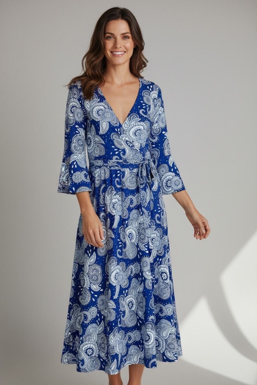 Boden Blue and White Paisley Wrap Midi Dress